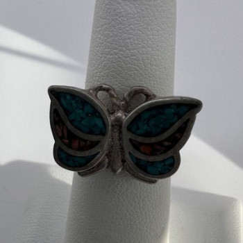 925 Sterling Silver & Opal Butterfly Ring Size 4.5