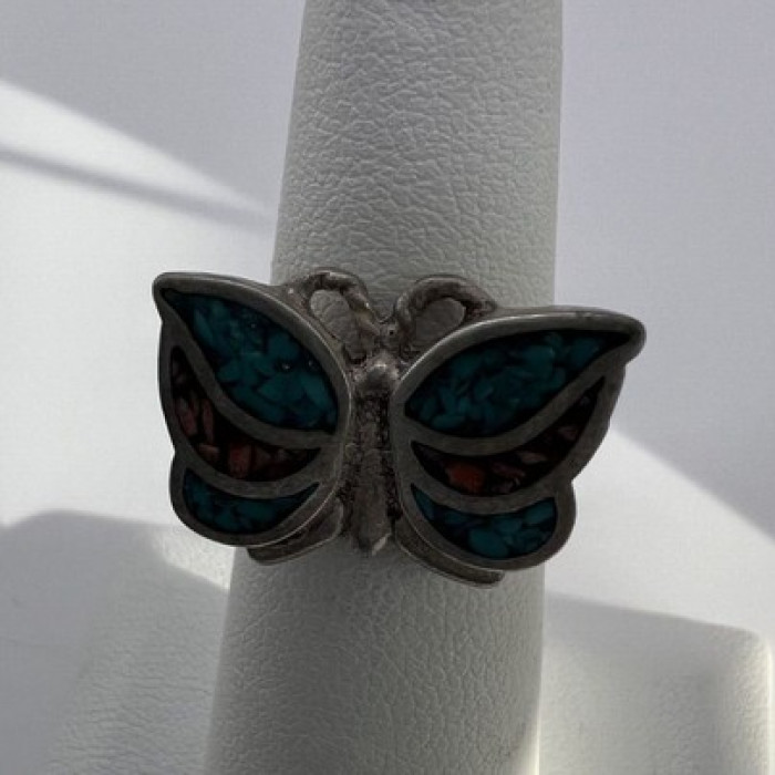 925 Sterling Silver & Opal Butterfly Ring Size 4.5