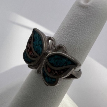 925 Sterling Silver & Opal Butterfly Ring Size 4.5