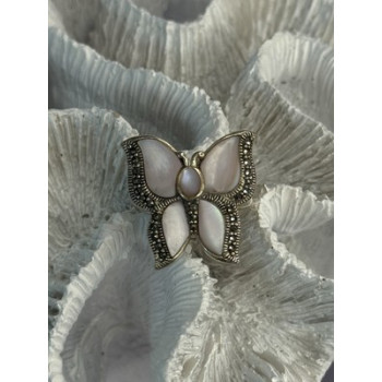 925 Sterling Silver Pink Abalone & Marcasite Butterfly Ring Size 7
