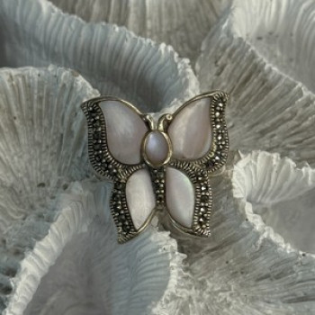 925 Sterling Silver Pink Abalone & Marcasite Butterfly Ring Size 7