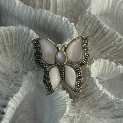 925 Sterling Silver Pink Abalone & Marcasite Butterfly Ring Size 7