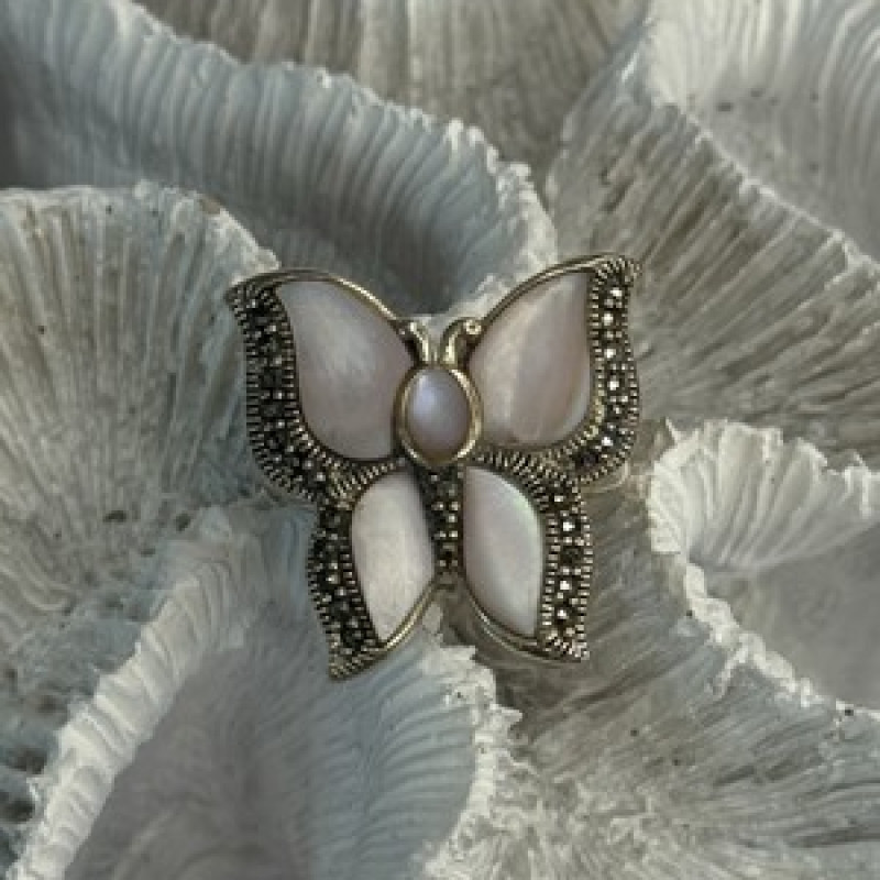 925 Sterling Silver Pink Abalone & Marcasite Butterfly Ring Size 7
