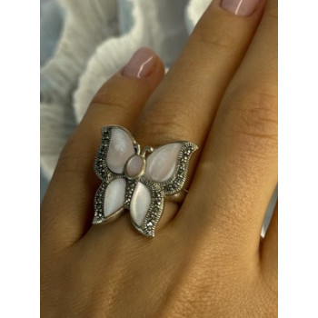 925 Sterling Silver Pink Abalone & Marcasite Butterfly Ring Size 7