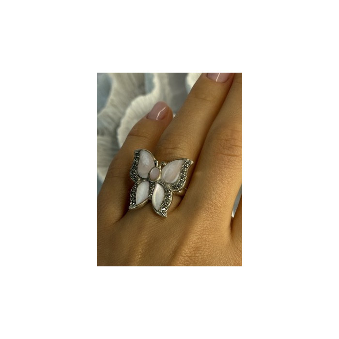 925 Sterling Silver Pink Abalone & Marcasite Butterfly Ring Size 7