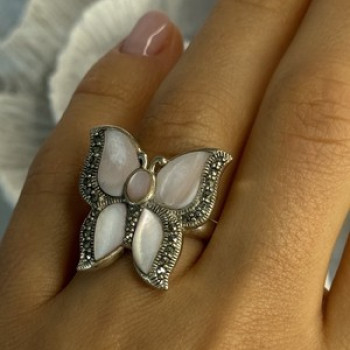 925 Sterling Silver Pink Abalone & Marcasite Butterfly Ring Size 7