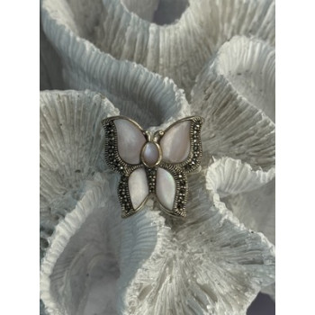 925 Sterling Silver Pink Abalone & Marcasite Butterfly Ring Size 7