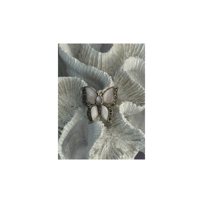 925 Sterling Silver Pink Abalone & Marcasite Butterfly Ring Size 7