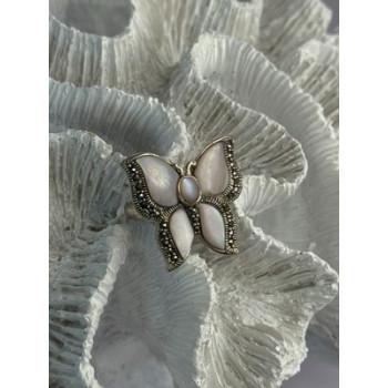 925 Sterling Silver Pink Abalone & Marcasite Butterfly Ring Size 7
