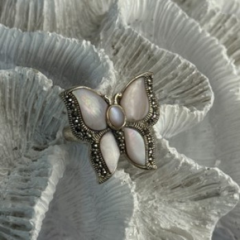 925 Sterling Silver Pink Abalone & Marcasite Butterfly Ring Size 7