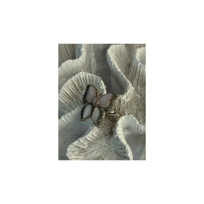 925 Sterling Silver Pink Abalone & Marcasite Butterfly Ring Size 7