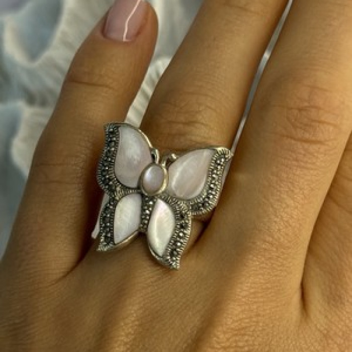 925 Sterling Silver Pink Abalone & Marcasite Butterfly Ring Size 7