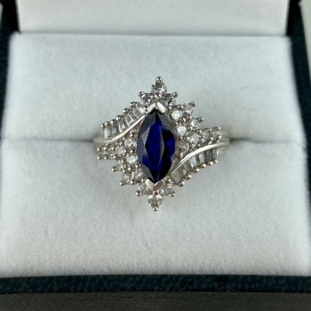 925 Sterling Silver Sapphire & CZ Ring Size 6.5