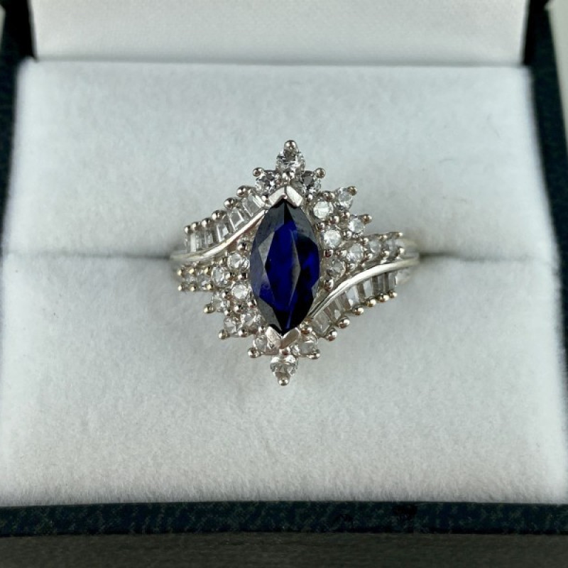 925 Sterling Silver Sapphire & CZ Ring Size 6.5