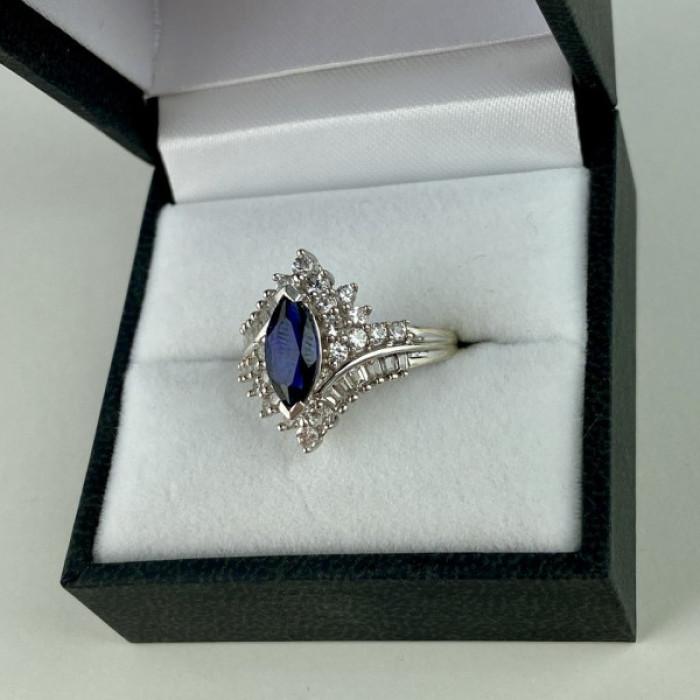 925 Sterling Silver Sapphire & CZ Ring Size 6.5