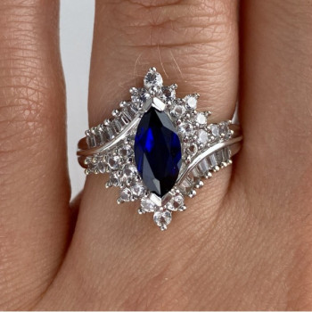 925 Sterling Silver Sapphire & CZ Ring Size 6.5