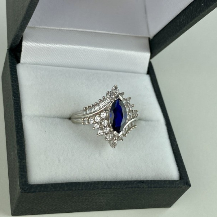 925 Sterling Silver Sapphire & CZ Ring Size 6.5