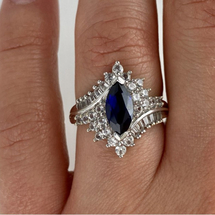 925 Sterling Silver Sapphire & CZ Ring Size 6.5