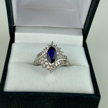925 Sterling Silver Sapphire & CZ Ring Size 6.5