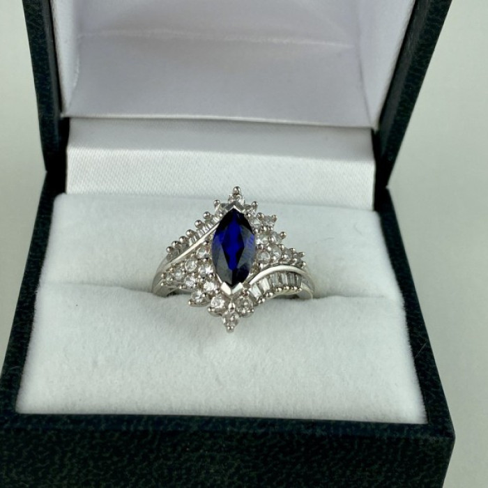 925 Sterling Silver Sapphire & CZ Ring Size 6.5