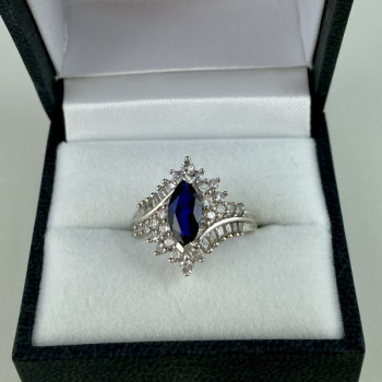 925 Sterling Silver Sapphire & CZ Ring Size 6.5