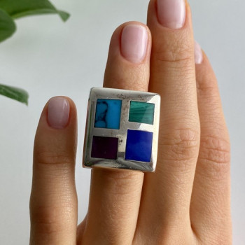 925 Sterling Silver Multicolor Agate Ring Size 5.5