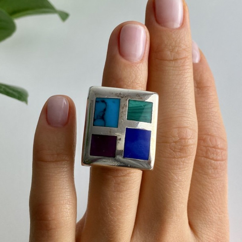 925 Sterling Silver Multicolor Agate Ring Size 5.5
