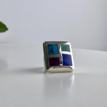 925 Sterling Silver Multicolor Agate Ring Size 5.5
