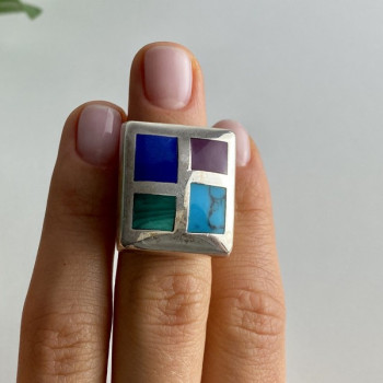 925 Sterling Silver Multicolor Agate Ring Size 5.5