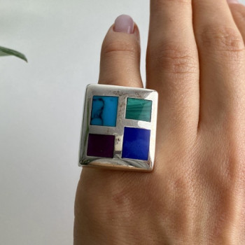 925 Sterling Silver Multicolor Agate Ring Size 5.5