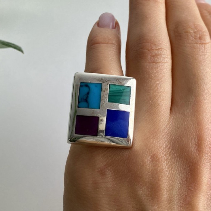 925 Sterling Silver Multicolor Agate Ring Size 5.5