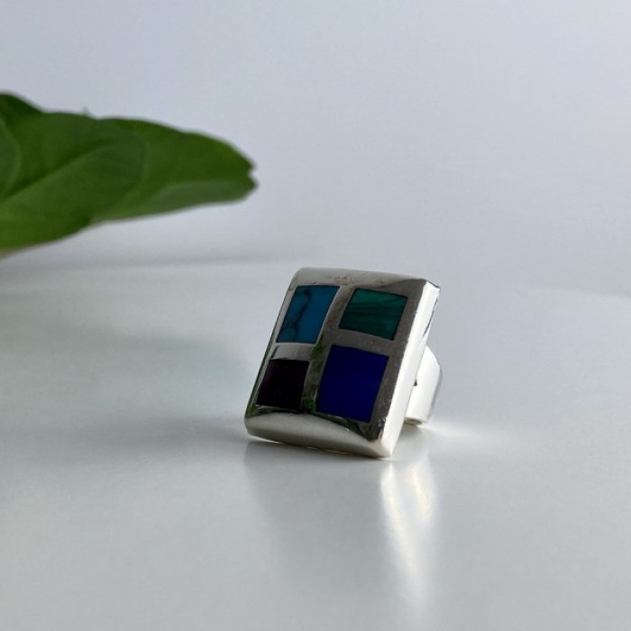 925 Sterling Silver Multicolor Agate Ring Size 5.5