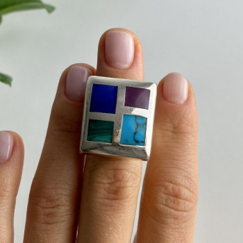 925 Sterling Silver Multicolor Agate Ring Size 5.5