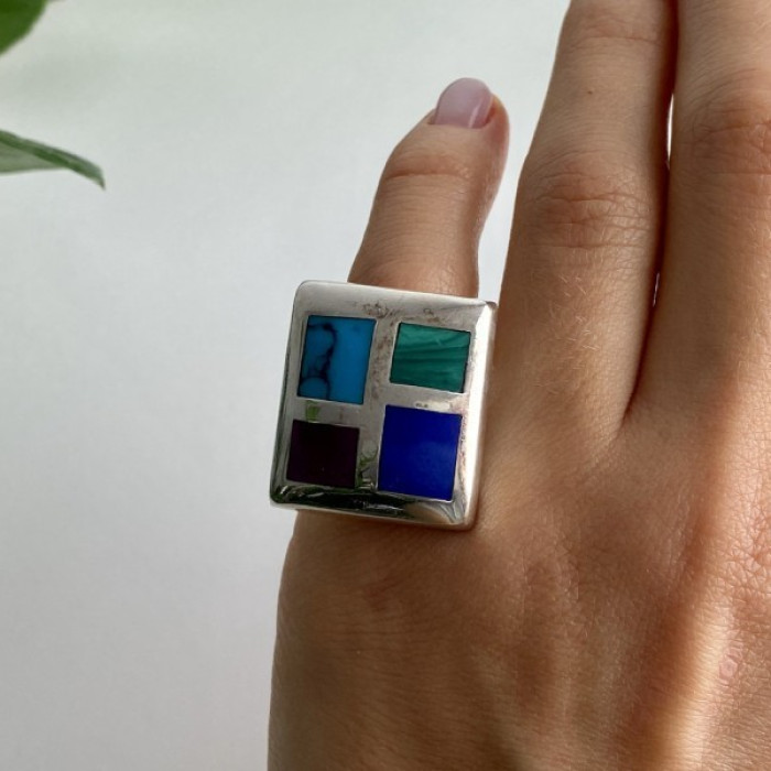 925 Sterling Silver Multicolor Agate Ring Size 5.5