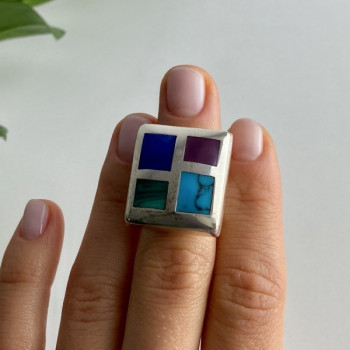 925 Sterling Silver Multicolor Agate Ring Size 5.5