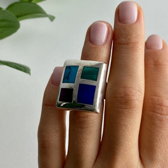 925 Sterling Silver Multicolor Agate Ring Size 5.5