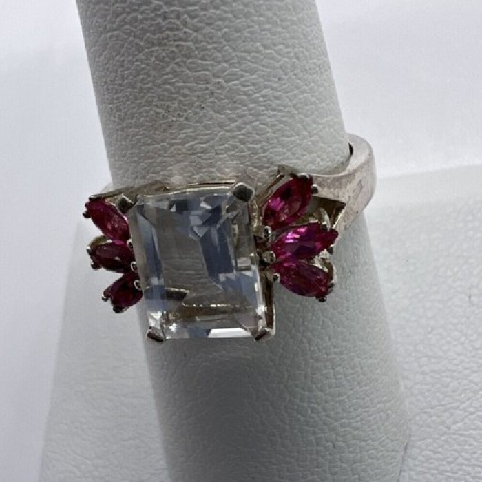 925 Sterling Silver Pink & Colorless Spinel Ring Size 7.5
