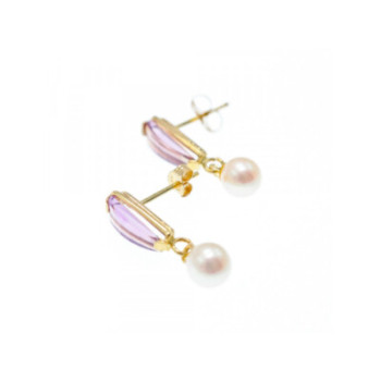 14K YELLOW GOLD AMETHYST & PEARLS EARRINGS ITALY