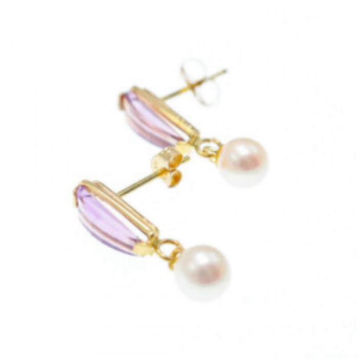 14K Yellow Gold Amethyst & Pearls Earrings Italy
