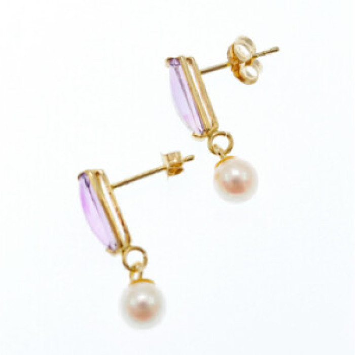 14K Yellow Gold Amethyst & Pearls Earrings Italy