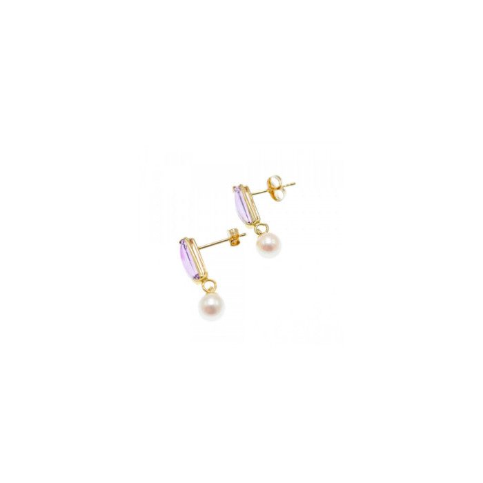 14K YELLOW GOLD AMETHYST & PEARLS EARRINGS ITALY