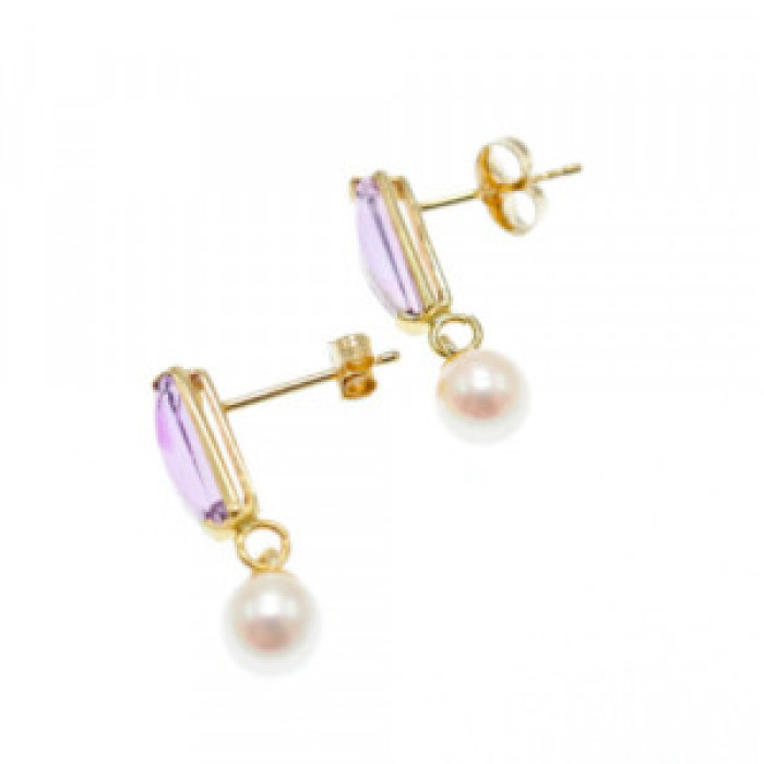 14K Yellow Gold Amethyst & Pearls Earrings Italy