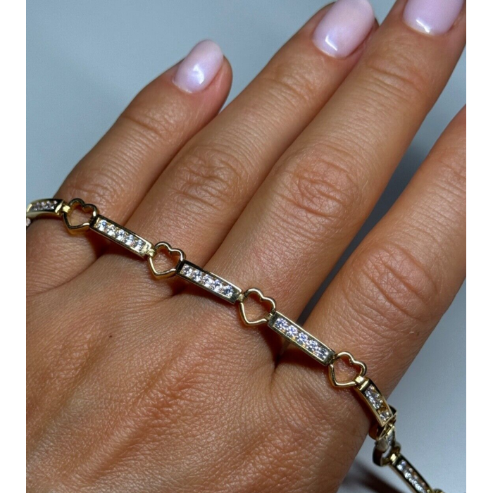 925 STERLING SILVER GOLD PLATED CZ HEARTS  BRACELET