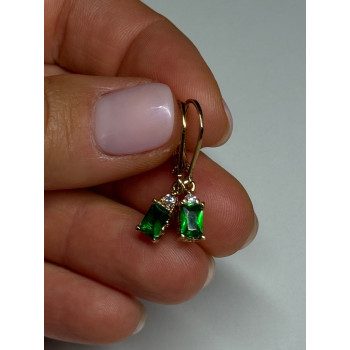 925 Sterling Silver Gold Plated Emerald & Beryl Earrings Length 25 Mm