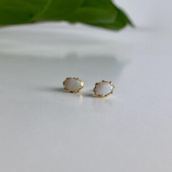 14K Yellow Gold White Opal Earrings