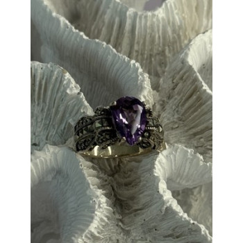 925 Sterling Silver Amethyst & Marcasite Ring Size 7