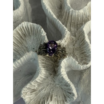 925 Sterling Silver Amethyst & Marcasite Ring Size 7