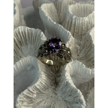 925 Sterling Silver Amethyst & Marcasite Ring Size 7