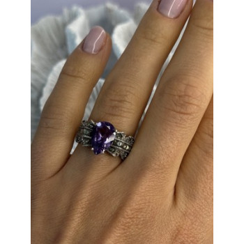 925 Sterling Silver Amethyst & Marcasite Ring Size 7