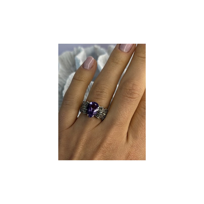 925 Sterling Silver Amethyst & Marcasite Ring Size 7